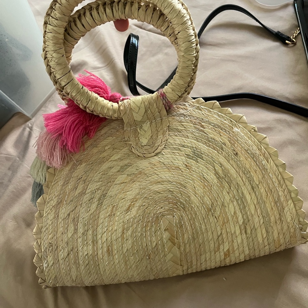 Woven Straw Handbag with Pink Tassels